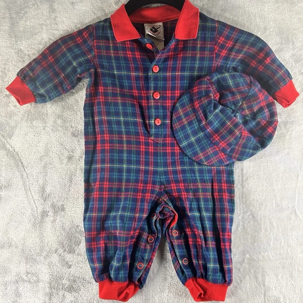 Vtg Good Lad Of Philadelphia Tartan Plaid Flannel Romper Size 6-9 Months W/Hat